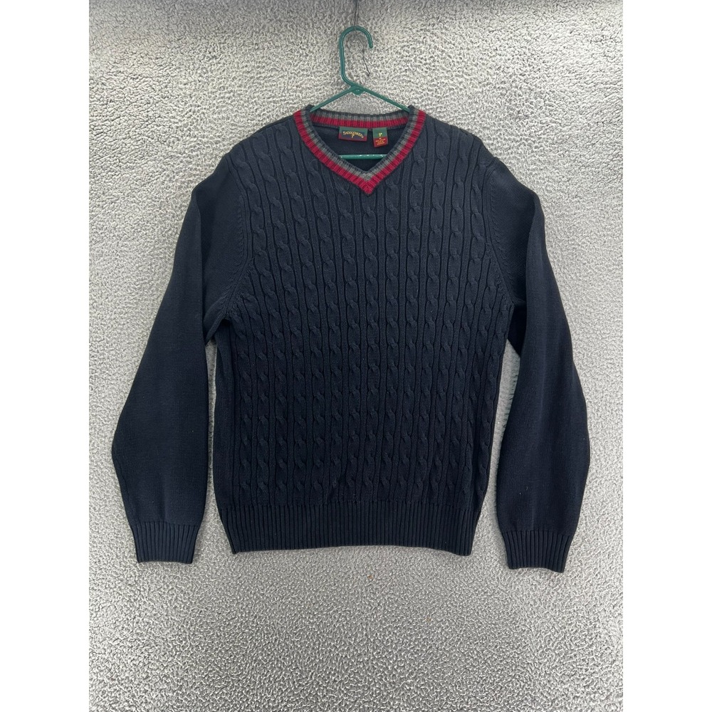 VTG 90s Saddlebred Sweater Mens M Blue Pullover V-Neck Grandpacore LS Cable Knit